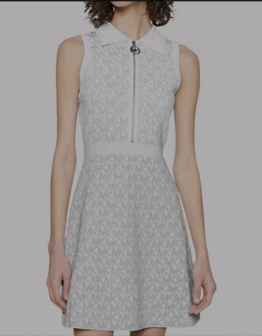 NWT Michael Kors Logo Jacquard Zip-Up Polo Dress Beige Gold Size L MSRP $295